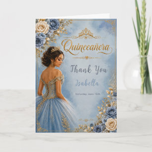 Cartão De Agradecimento Quinceañera Azul e Dourada