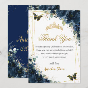 Cartão De Agradecimento Quinceañera Azul Marinho Floral Borboletas Dourada