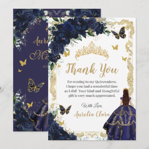 Cartão De Agradecimento Quinceañera Azul Marinho Floral Dourado Princesa 1