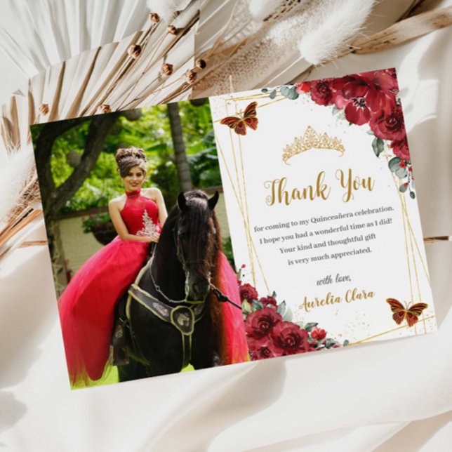 Cartão De Agradecimento Quinceañera Birthday Red Floral Butterflies Foto (red-flowers-floral-butterflies-gold-quinceanera-15-sweet-16th-birthday-photograph-picture-thank-you)