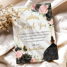Cartão De Agradecimento Quinceañera Black Pink Floral Girl Dress Princesa
