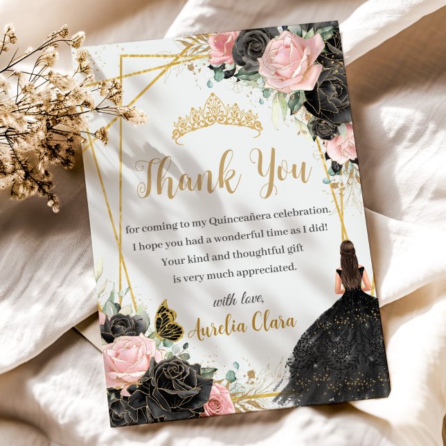 Cartão De Agradecimento Quinceañera Black Pink Floral Girl Dress Princesa (black and pink roses floral modern gold geometric princess girl black dress thank you card printed)