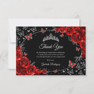 Cartão De Agradecimento Quinceanera Black Red Silver