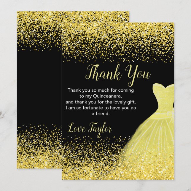 Cartão De Agradecimento Quinceanera Bright Yellow Dress Faux Glitter (Frente/Verso)