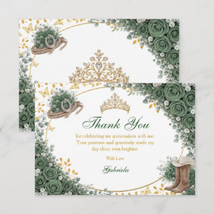 Cartão De Agradecimento Quinceañera Country Dourado Verde Esmeralda Ociden