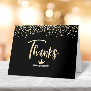 Cartão De Agradecimento Quinceañera Dourado Preto Glitter Folha Script Ele