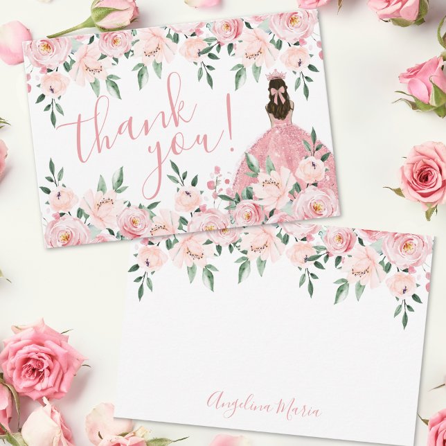 Cartão De Agradecimento Quinceañera Elegante Blush Rosa (Elegant Floral Blush Pink Quinceañera Thank You Card)