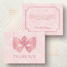 Cartão De Agradecimento Quinceanera Elegante de Mascarada rosa