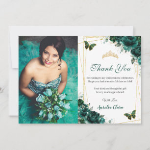 Cartão De Agradecimento Quinceañera Esmeralda Floral Borboletas Aniversári