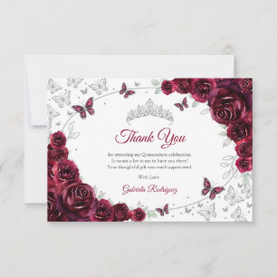 Cartão De Agradecimento Quinceanera Floral de Prata Borgonha
