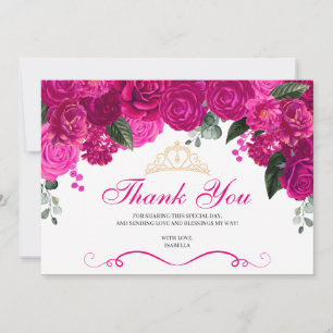 Cartão De Agradecimento Quinceanera Floral Dourada Elegante Fuchsia Que