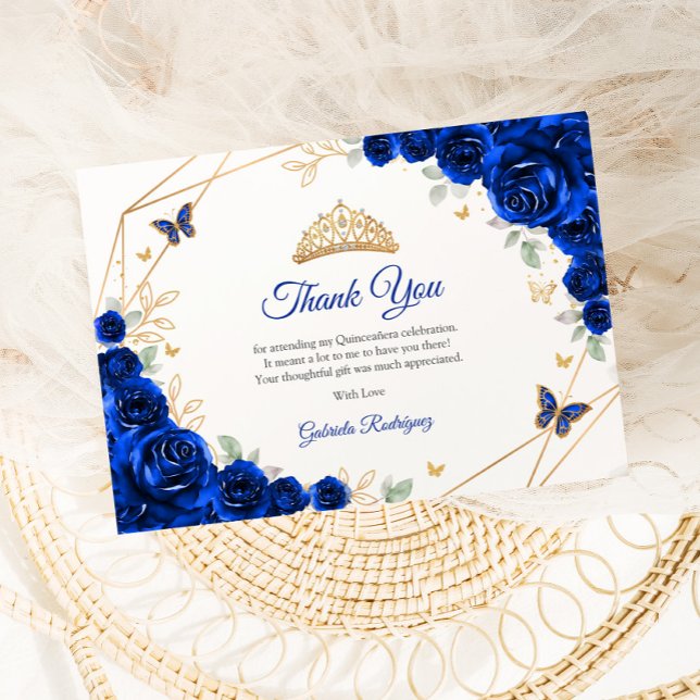 Cartão De Agradecimento Quinceanera Floral Dourada Real Azul (Criador carregado)