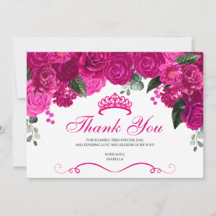 Cartão De Agradecimento Quinceanera Floral Elegante Fuchsia Rosa