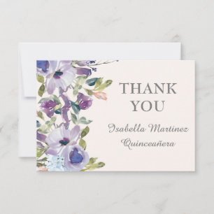 Cartão De Agradecimento Quinceañera Floral Horizontal Azul Elegante