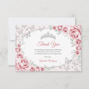 Cartão De Agradecimento Quinceanera Floral Prata Rosa