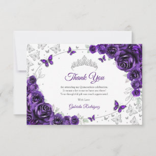Cartão De Agradecimento Quinceanera Floral Prata Roxa