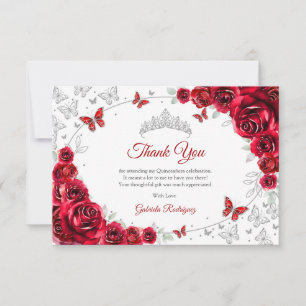 Cartão De Agradecimento Quinceanera Floral Prata Vermelha