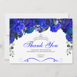 Cartão De Agradecimento Quinceanera Floral Real de Prata Azul Elegante