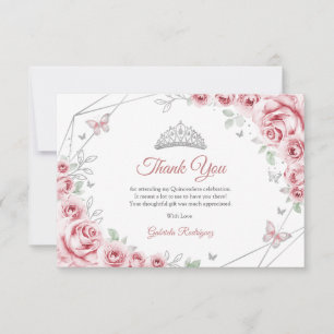 Cartão De Agradecimento Quinceanera Floral Rosa Prata