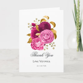 Cartão De Agradecimento Quinceañera Floral Rosa Quente e Dourada