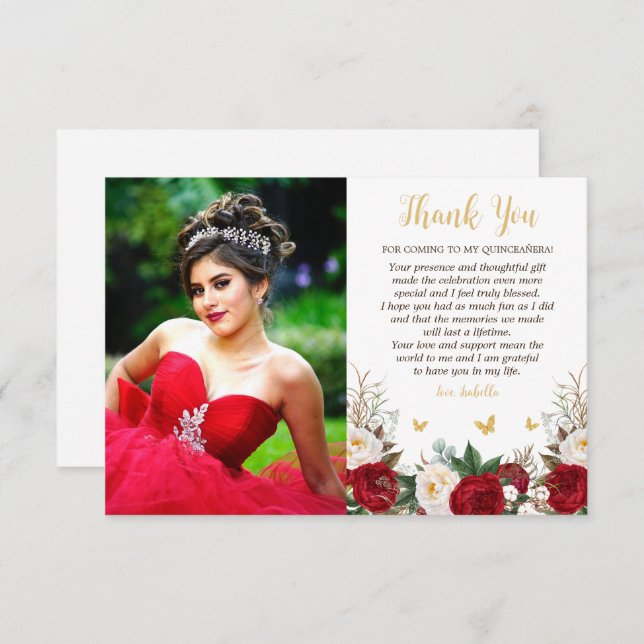 Cartão De Agradecimento Quinceañera, Foto Floral Dourada e Vermelha Elegan (Frente/Verso)