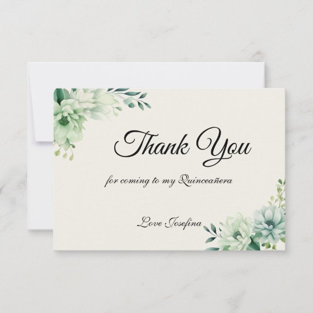 Cartão De Agradecimento Quinceanera green floral Thank You Card (Frente)