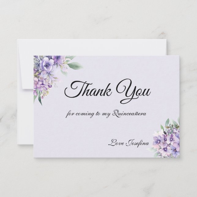 Cartão De Agradecimento Quinceanera Lavender floral Thank You Card (Frente)