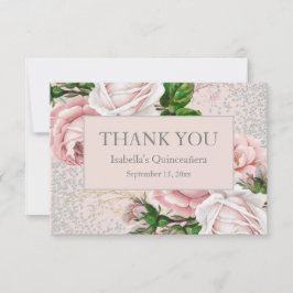 Cartão De Agradecimento Quinceañera Pink Floral Silver Gliter Obrigado