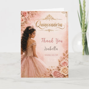 Cartão De Agradecimento Quinceañera Rosa e Dourada