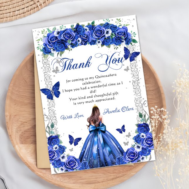 Cartão De Agradecimento Quinceañera Royal Blue Floral Princess Butflies (Criador carregado)