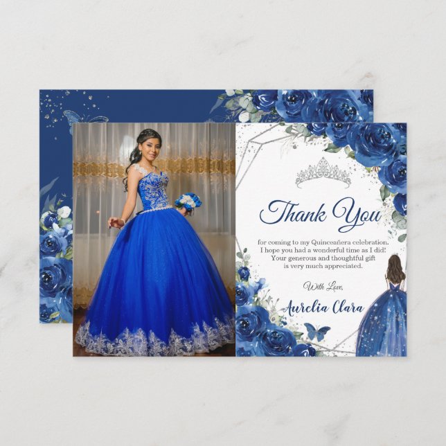 Cartão De Agradecimento Quinceañera Royal Blue Floral Princess Picture (Frente/Verso)