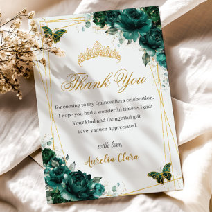 Cartão De Agradecimento Quinceañera Verde Esmeralda Floral Borboletas Dour