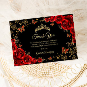 Cartão De Agradecimento Quinceanera Vermelho Preto Dourado