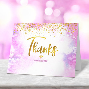 Cartão De Agradecimento Quinze Anos Rosa Aquarela Brilho Dourado Elegante