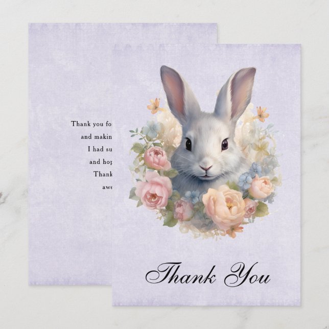 Cartão De Agradecimento Rabbit Surrounded by Pastel Flowers Cute (Frente/Verso)