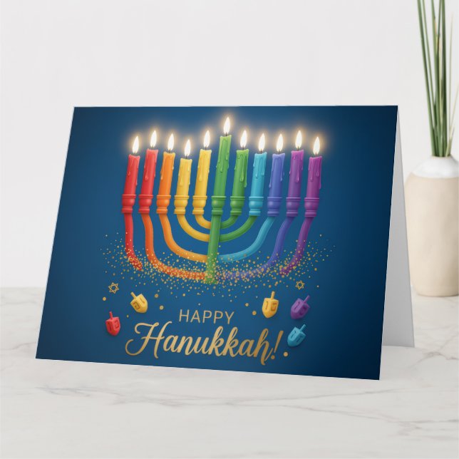Cartão De Agradecimento Rainbow Menorah Glow – Happy Hanukkah Card (Frente)