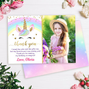 Cartão De Agradecimento Rainbow Unicorn Gold Glitter Girl Birthday Photo