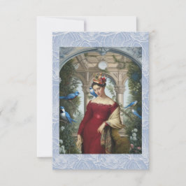 Cartão De Agradecimento Rainha em vermelho com aves azuis