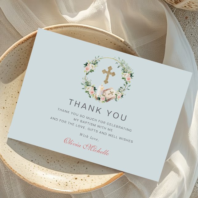 Cartão De Agradecimento Rapariga Baptism Christening Foto Floral (Criador carregado)