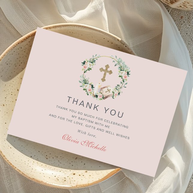 Cartão De Agradecimento Rapariga Baptism Christening Foto Floral (Criador carregado)