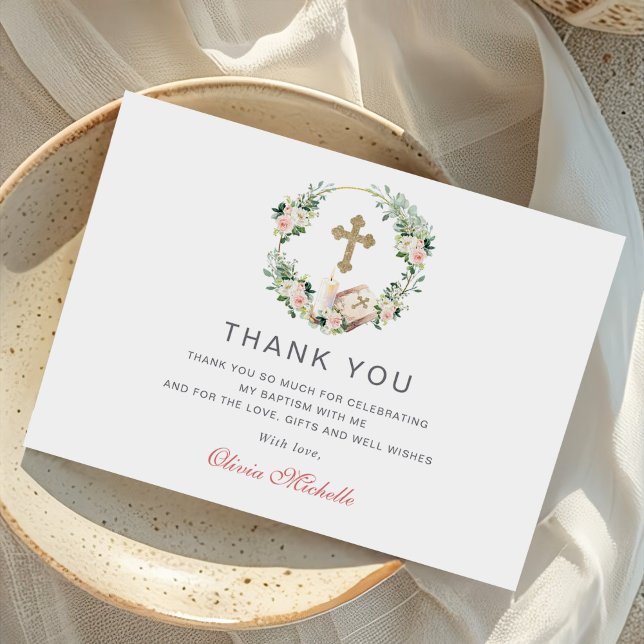 Cartão De Agradecimento Rapariga Baptism Christening Foto Floral (Criador carregado)