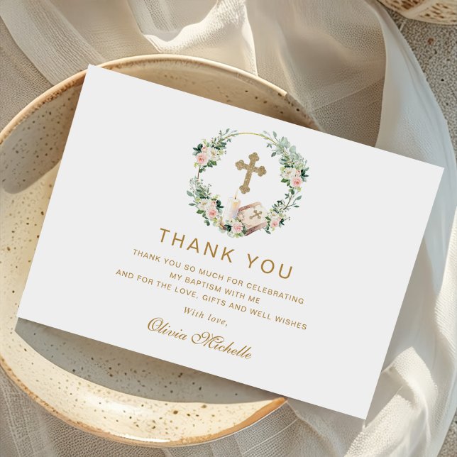 Cartão De Agradecimento Rapariga Baptism Christening Foto Floral (Criador carregado)