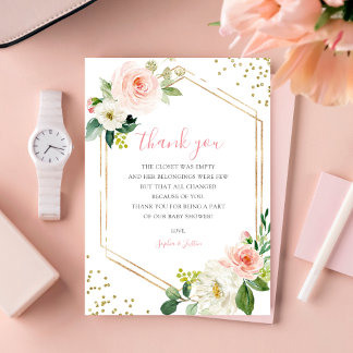 Cartão De Agradecimento Rapariga Blush Dourado Floral Chá de fraldas Boho