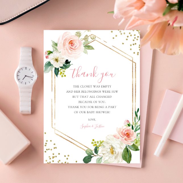 Cartão De Agradecimento Rapariga Blush Dourado Floral Chá de fraldas Boho  (Pink Floral Thank You Card)