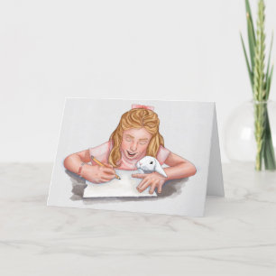 Cartão De Agradecimento Rapariga escrevendo com coelho de estimação comend