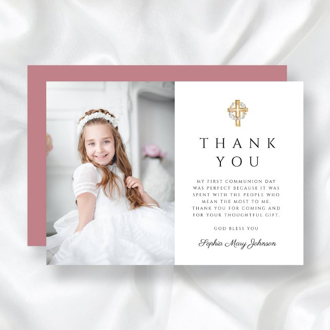 Cartão De Agradecimento Rapariga Primeira Comunhão Floral Wreath Cross Fot (Girl First Communion Floral Wreath Cross Photo Thank You Card)