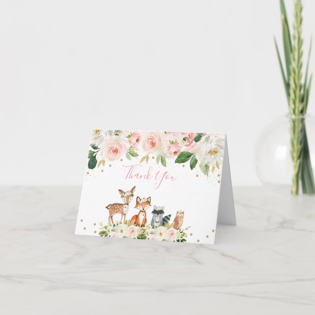 Cartão De Agradecimento Rapariga Woodland Chá de fraldas Blush Floral Obri (Frente)