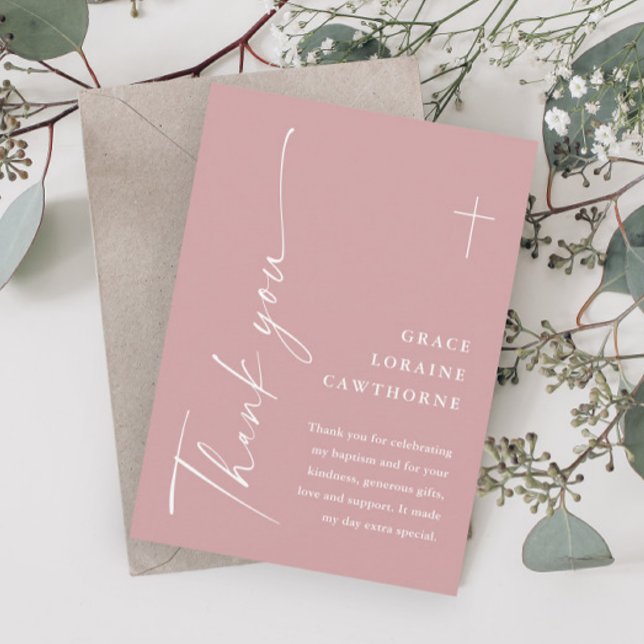 Cartão De Agradecimento Raparigas Rosa Dusty, Escuro Moderno, Escuro, Bati (Modern Script Dusty Pink Girls Baptism Thank You Cards.)