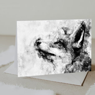 Cartão De Agradecimento Raposa Vermelha Preto e Branco Aquarela 01