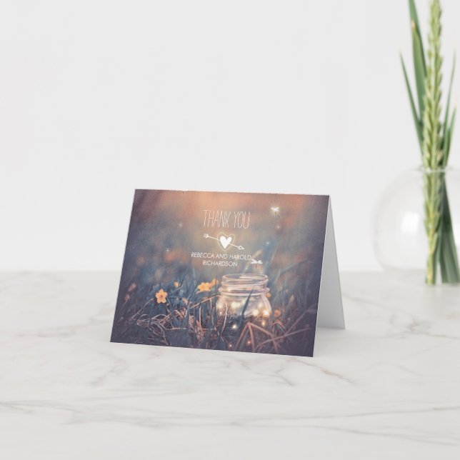 Cartão De Agradecimento Recado de Casamento Rústico com Jarra de Pedra e V (Frente)